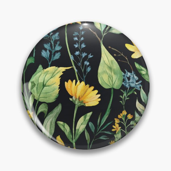 Item preview, SUNNY SUNFLOWER WILDFLOWERS Golden yellow flowers seamless pattern, sage green leafy botanicals watercolor leaves painting spring theme on black background  designed and sold by navitalidesign.