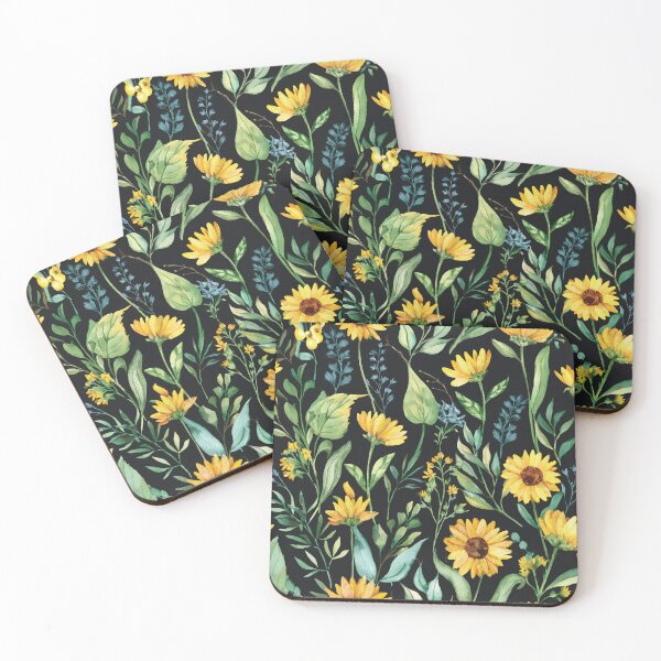 Item preview, SUNNY SUNFLOWER WILDFLOWERS Golden yellow flowers seamless pattern, sage green leafy botanicals watercolor leaves painting spring theme on black background  designed and sold by navitalidesign.