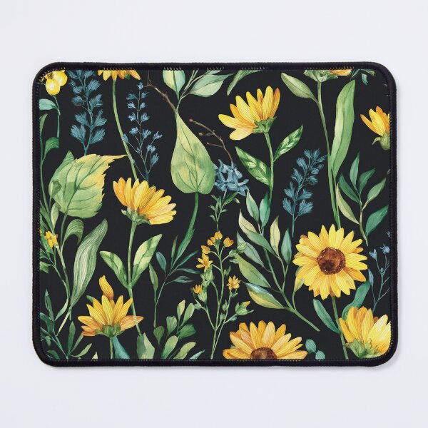 Item preview, SUNNY SUNFLOWER WILDFLOWERS Golden yellow flowers seamless pattern, sage green leafy botanicals watercolor leaves painting spring theme on black background designed and sold by navitalidesign.