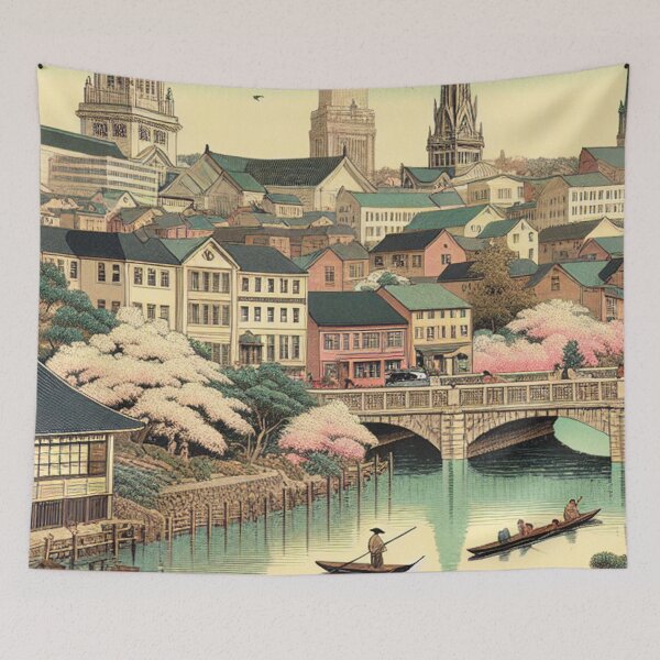 Item preview, Worcester Massachusetts Ukiyo-e Art Print | Edo Style Japanese Landscape with Cherry Blossoms designed and sold by Vandy Fullam.