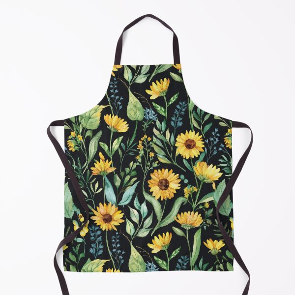 Item preview, SUNNY SUNFLOWER WILDFLOWERS Golden yellow flowers seamless pattern, sage green leafy botanicals watercolor leaves painting spring theme on black background designed and sold by navitalidesign.