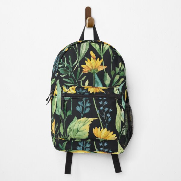 Item preview, SUNNY SUNFLOWER WILDFLOWERS Golden yellow flowers seamless pattern, sage green leafy botanicals watercolor leaves painting spring theme on black background designed and sold by navitalidesign.