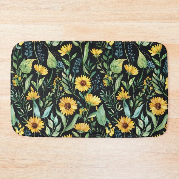 Item preview, SUNNY SUNFLOWER WILDFLOWERS Golden yellow flowers seamless pattern, sage green leafy botanicals watercolor leaves painting spring theme on black background  designed and sold by navitalidesign.