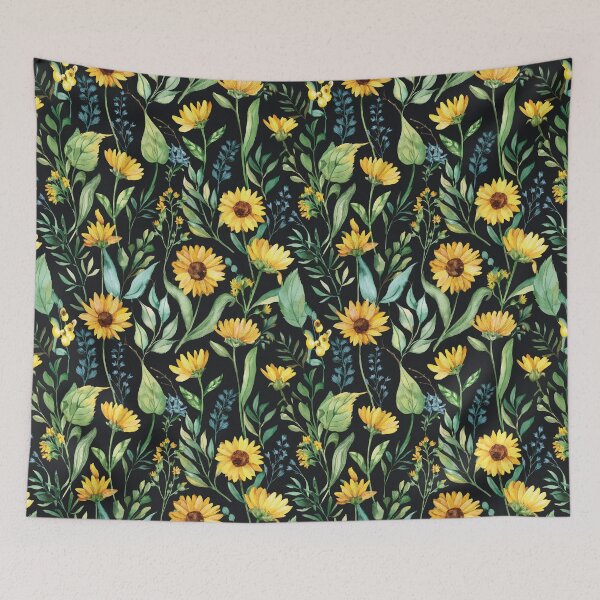 Item preview, SUNNY SUNFLOWER WILDFLOWERS Golden yellow flowers seamless pattern, sage green leafy botanicals watercolor leaves painting spring theme on black background  designed and sold by navitalidesign.