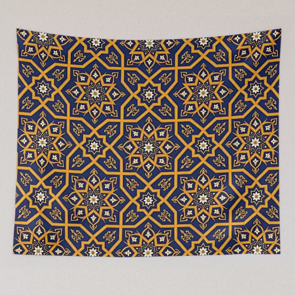 Item preview, Royal Indian Indigo and Saffron Jaali Geometric Pattern designed and sold by RajRang.