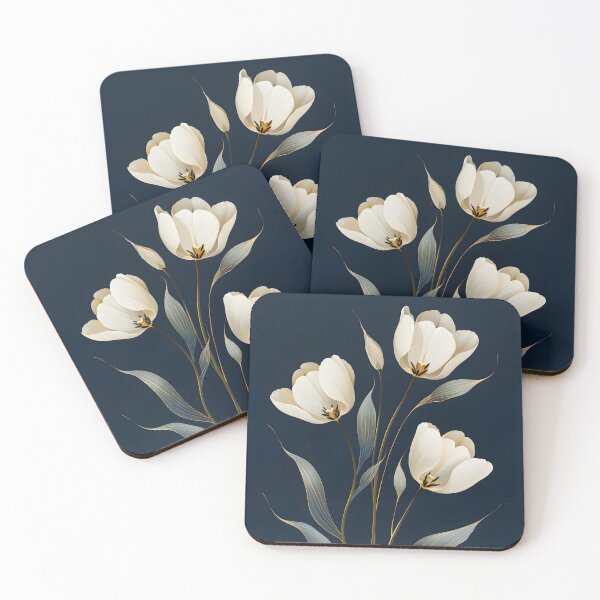 Item preview, Cream White Tulips with Gold Accents on Deep Navy Background Luxury Floral Design designed and sold by daila70.