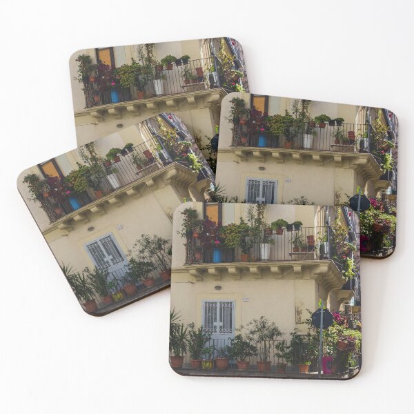 Item preview, Balcony Garden With Potted Plants On a Beige City Building Facade, Sunlit Urban Residence designed and sold by Nmallia.