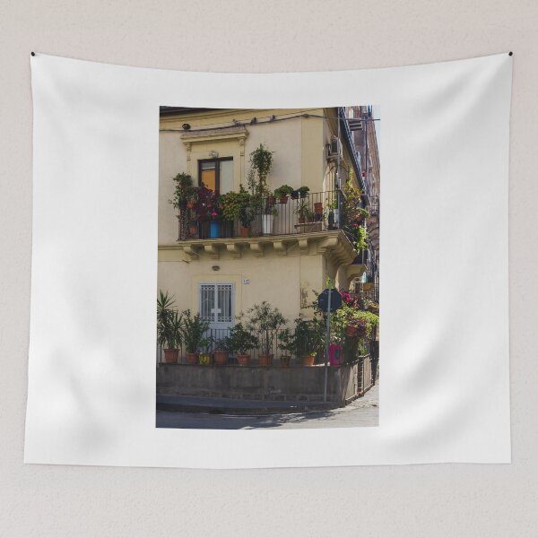 Item preview, Balcony Garden With Potted Plants On a Beige City Building Facade, Sunlit Urban Residence designed and sold by Nmallia.