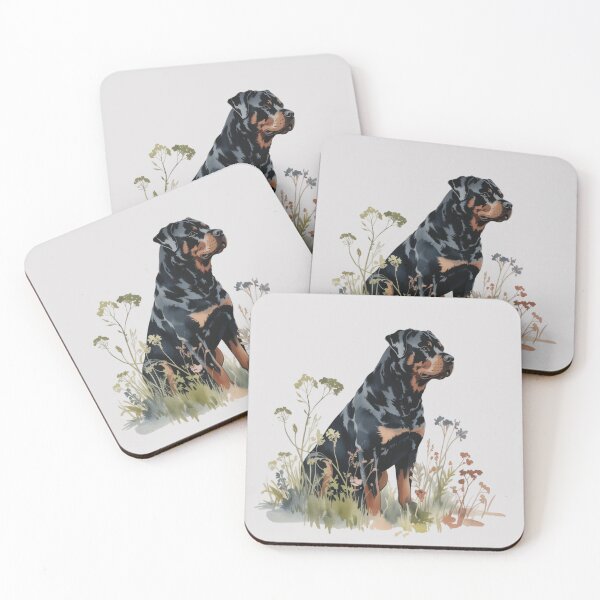 Item preview, graceful Rottweiler silhouette sitting in soft meadow flowers and foliage designed and sold by 123ks.