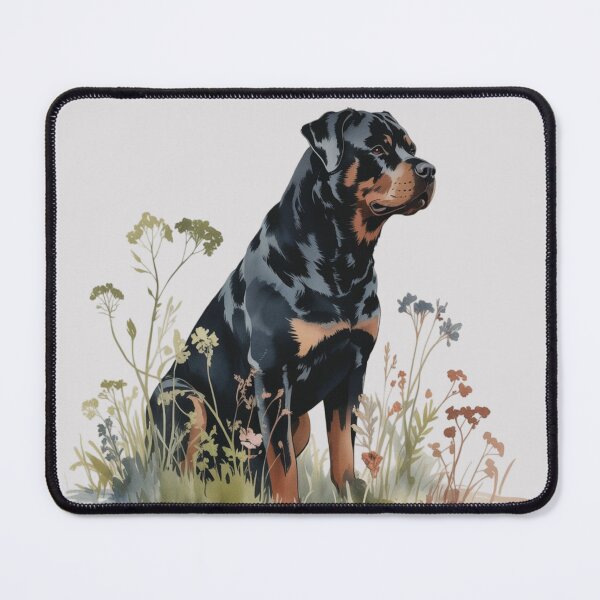 Item preview, graceful Rottweiler silhouette sitting in soft meadow flowers and foliage designed and sold by 123ks.