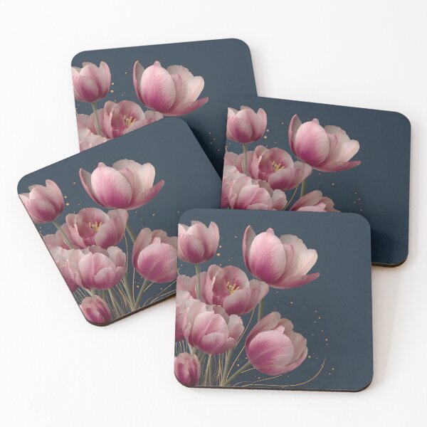 Item preview, Pink Tulips with Gold Accents on Deep Navy Background Luxury Floral Design designed and sold by daila70.