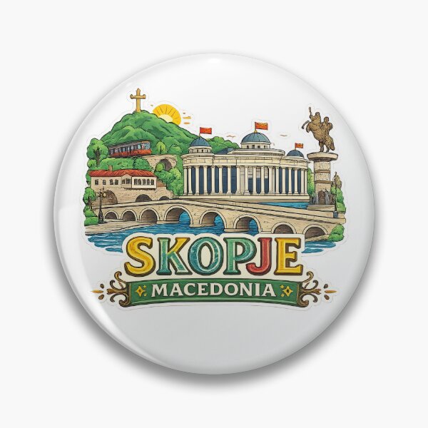 Item preview, Skopje Macedonia Retro Travel Poster – Stone Bridge Millennium Cross Balkan City Illustration Vintage Style designed and sold by FlatlineArtCo.