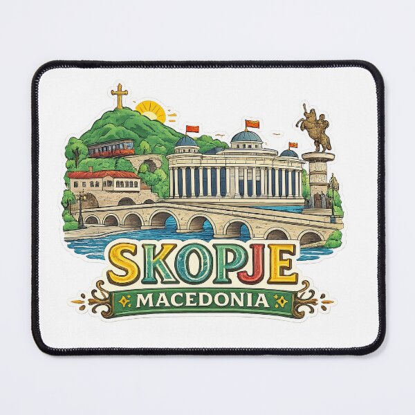Item preview, Skopje Macedonia Retro Travel Poster – Stone Bridge Millennium Cross Balkan City Illustration Vintage Style designed and sold by FlatlineArtCo.
