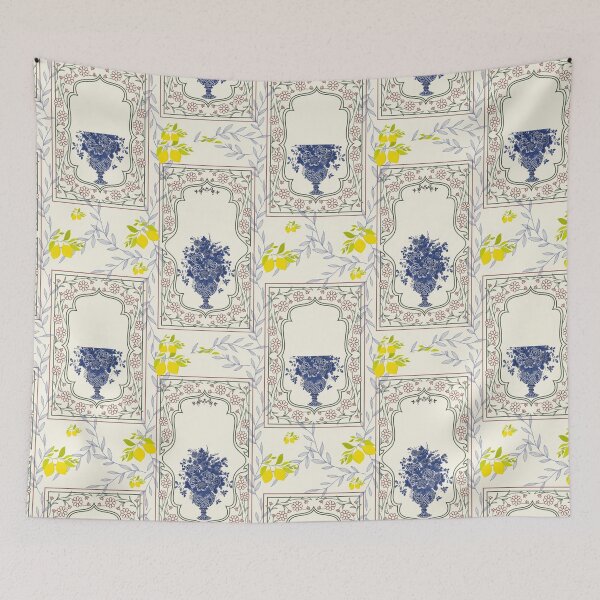 Item preview, Mediterranean Blue Chinoiserie Floral and Lemon Pattern designed and sold by Artsy Corner.