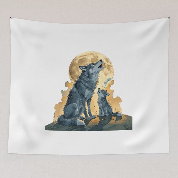 Item preview, Wolf Dad and Baby Pup Howling at Full Moon Watercolor designed and sold by AQUILAKREO.