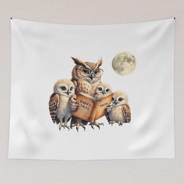 Item preview, : Cute Owl Dad Reading Storybook to Baby Owlets Watercolor designed and sold by AQUILAKREO.