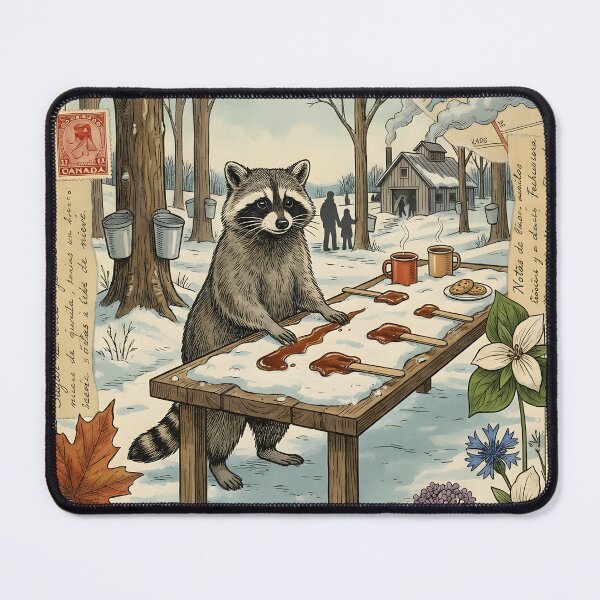 Item preview, Raccoon in snow making sweets with maple syrup designed and sold by CoffeeinBloom.