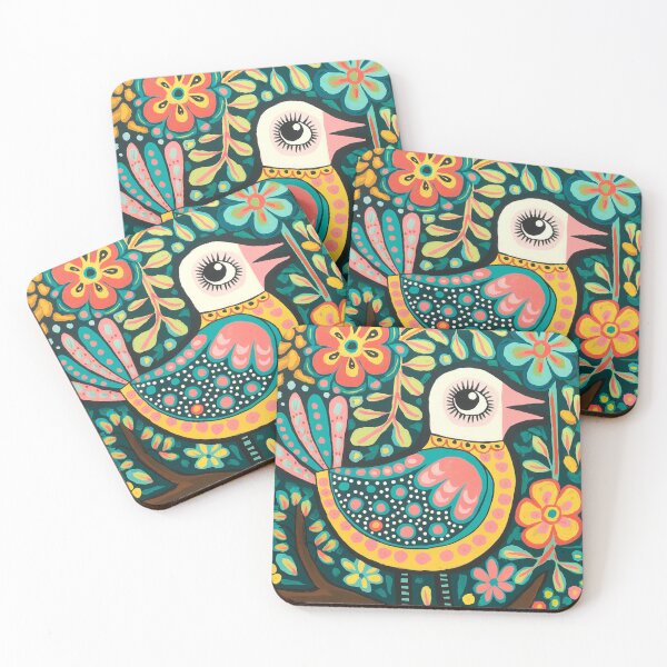 Item preview, Colorful Folk Art Bird on Branch with Flowers designed and sold by Filora Atelier | Bird Art.