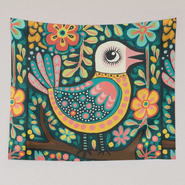 Item preview, Colorful Folk Art Bird on Branch with Flowers designed and sold by Filora Atelier | Bird Art.