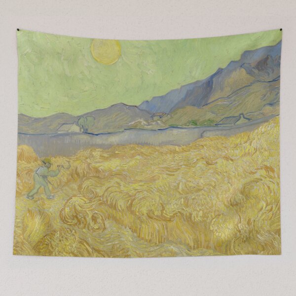 Item preview, Wheatfield With a Reaper by Vincent van Gogh: Post Impressionist Landscape Poster designed and sold by artofuniverse.