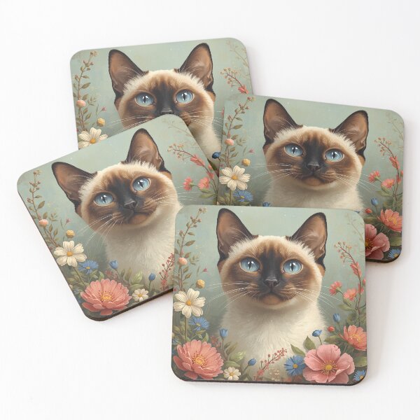 Item preview, Siamese Cat in Pink and Blue Flowers designed and sold by Prints by Mat.