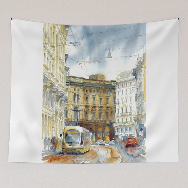 Item preview, Milan Tram Street – Urban Italian Watercolor Scene designed and sold by caracatita75.