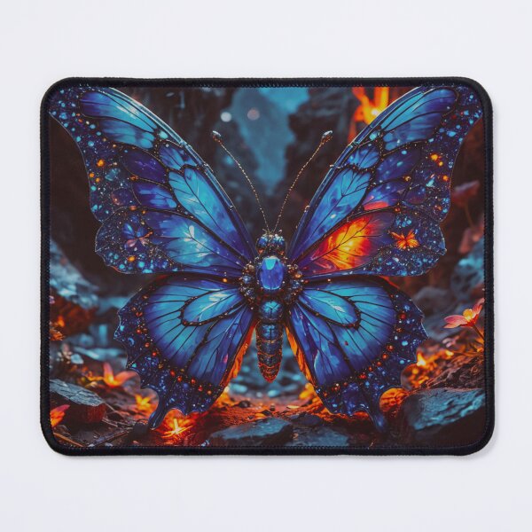 Item preview, Glowing Blue Butterfly in Lava Canyon – Fantasy Fire and Ice Artwork designed and sold by BeautifulVirtues.
