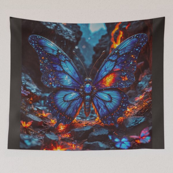 Item preview, Glowing Blue Butterfly in Lava Canyon – Fantasy Fire and Ice Artwork designed and sold by BeautifulVirtues.