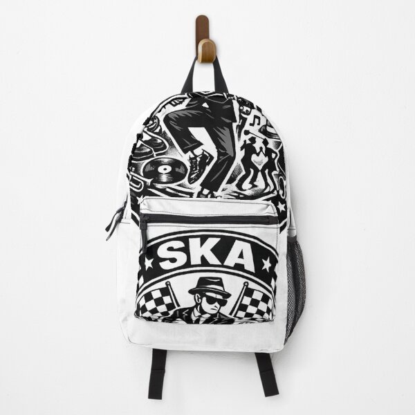 Item preview, Black and white circular ska culture badge featuring a rude boy dancing, checkerboard pattern, vintage microphone and instruments. designed and sold by rude vibes shop.