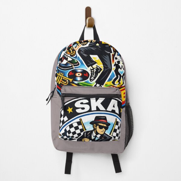 Item preview, Colorful ska culture badge with dancing rude boy, checkerboard pattern, musical instruments and vibrant reggae-inspired colors. designed and sold by rude vibes shop.