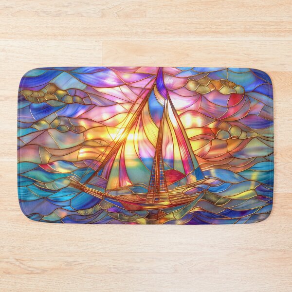 Item preview, Stained Glass Sailboat at Sunset Art, Coastal Ocean Scene designed and sold by MargaretWiktor.