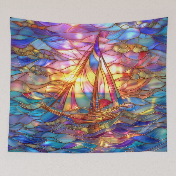Item preview, Stained Glass Sailboat at Sunset Art, Coastal Ocean Scene designed and sold by MargaretWiktor.
