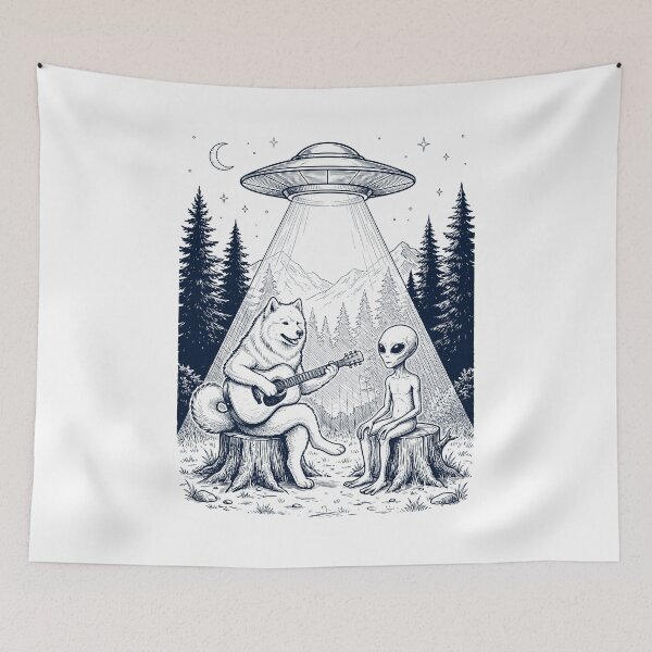 Item preview, Vintage Samoyed Playing Guitar With Alien And UFO Dog Lover designed and sold by DoodleTortle.