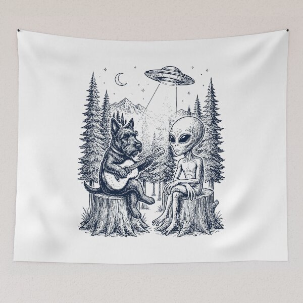 Item preview, Vintage Scottish Terrier Playing Guitar With Alien And UFO Dog Lover designed and sold by DoodleTortle.