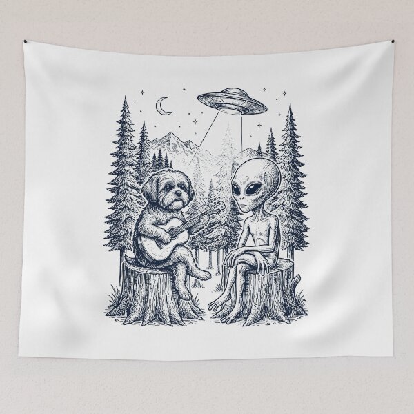 Item preview, Vintage Shih Tzu Playing Guitar With Alien And UFO Dog Lover designed and sold by DoodleTortle.