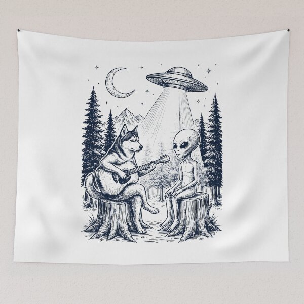 Item preview, Vintage Siberian Husky Playing Guitar With Alien And UFO Dog Lover designed and sold by DoodleTortle.