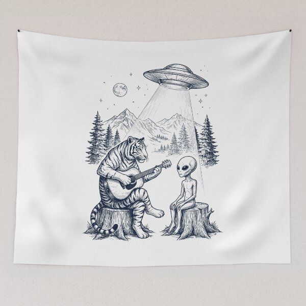 Item preview, Vintage Tiger Playing Guitar With Alien And UFO Animal Lover designed and sold by DoodleTortle.