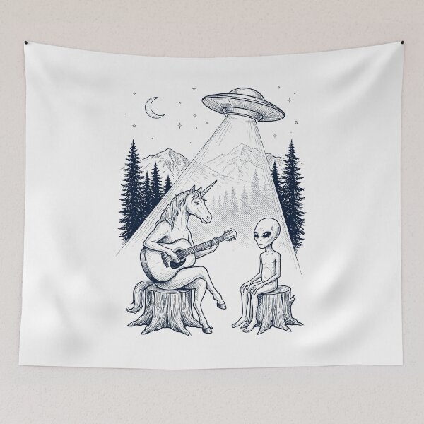 Item preview, Vintage Unicorn Playing Guitar With Alien And UFO Animal Lover designed and sold by DoodleTortle.