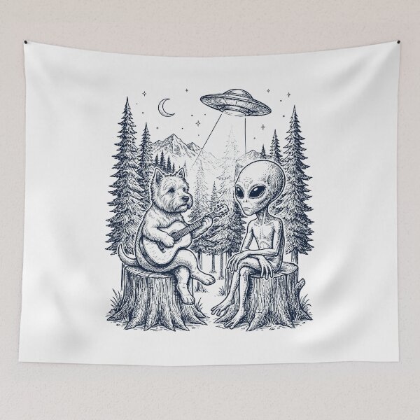 Item preview, Vintage West Highland White Terrier Playing Guitar With Alien And UFO Dog Lover designed and sold by DoodleTortle.