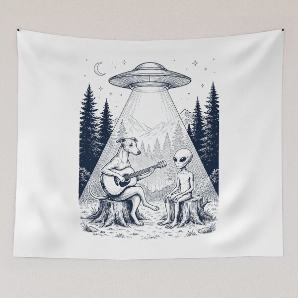 Item preview, Vintage Whippet Playing Guitar With Alien And UFO Dog Lover designed and sold by DoodleTortle.