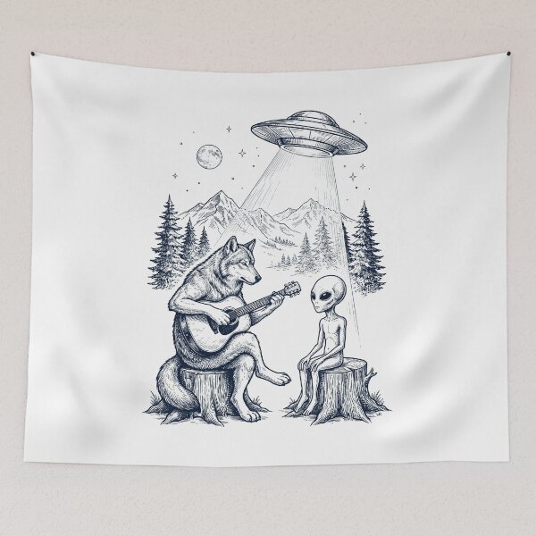 Item preview, Vintage Wolf Playing Guitar With Alien And UFO Animal Lover designed and sold by DoodleTortle.