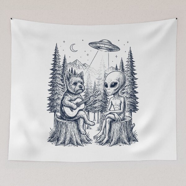 Item preview, Vintage Yorkshire Terrier Playing Guitar With Alien And UFO Dog Lover designed and sold by DoodleTortle.