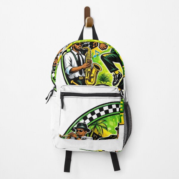 Item preview, Circular ska design with checkerboard border, dancing rude boy on Jamaican flag background, surrounded by trumpet and saxophone players. designed and sold by rude vibes shop.