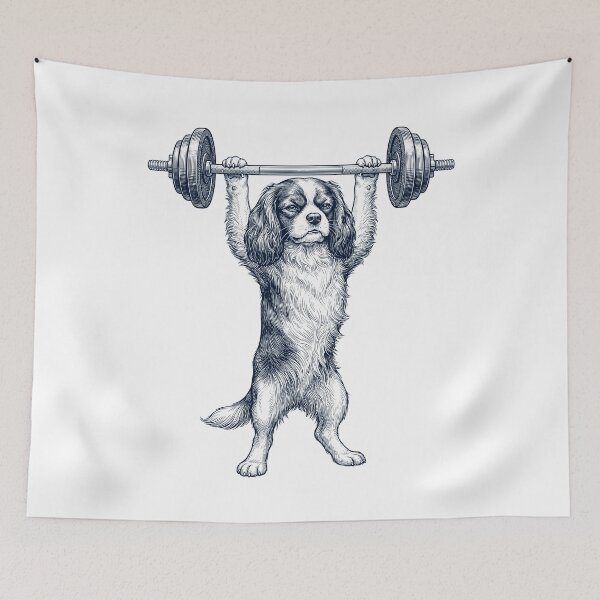 Aperçu de l'œuvre Cavalier King Charles Spaniel vintage, haltérophilie, soulevé de terre, amoureux des chiens de salle de sport créée et vendue par DoodleTortle.
