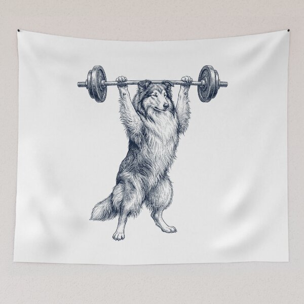 Aperçu de l'œuvre Collie vintage, haltérophilie, soulevé de terre, salle de sport, amoureux des chiens créée et vendue par DoodleTortle.