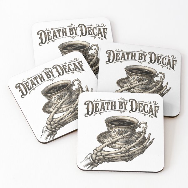 Item preview, Death By Decaf - Gothic Skeleton Hand Holding Coffee Cup designed and sold by Retro Mood Co.