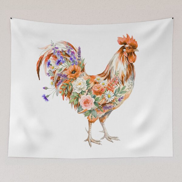 Item preview, Watercolor Rooster with Floral Summer Plumage designed and sold by VibranPalette.
