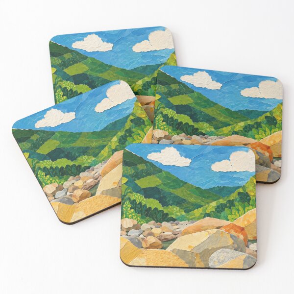 Item preview, Rocky River Bed with Green Hills, Papercut Collage, Mixed Media Digital Illustration designed and sold by SWSandraWechner.