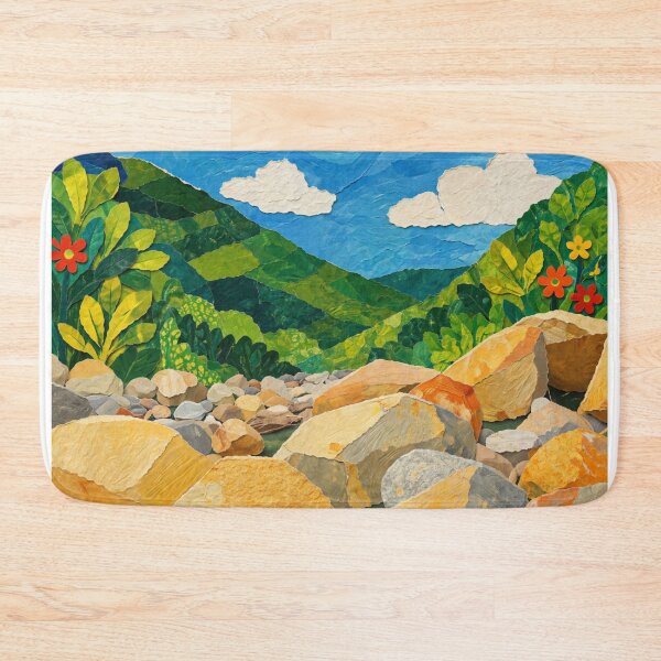 Item preview, Rocky River Bed with Green Hills, Papercut Collage, Mixed Media Digital Illustration designed and sold by SWSandraWechner.