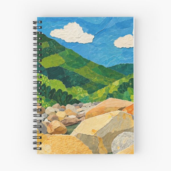 Item preview, Rocky River Bed with Green Hills, Papercut Collage, Mixed Media Digital Illustration designed and sold by SWSandraWechner.